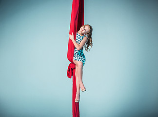 Image showing Graceful gymnast sitting with red fabrics