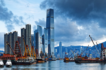 Image showing Hong Kong Harbor with cargo ship