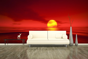 Image showing photo wall mural sofa floor red sunset