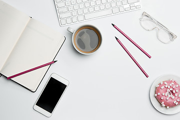 Image showing Office desk table with computer, supplies, phone and coffee cup.