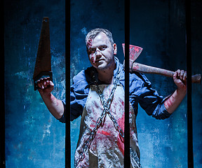 Image showing Bloody Halloween theme: crazy killer as butcher with an ax