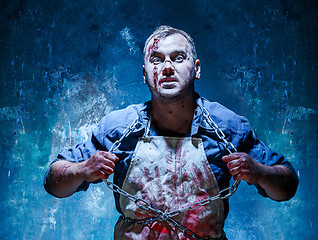 Image showing Bloody Halloween theme: crazy killer as butcher