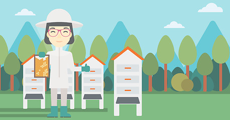 Image showing Female bee-keeper at apiary vector illustration.