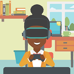 Image showing Woman wearing virtual reality headset.