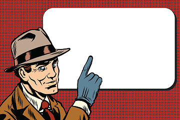 Image showing Male spy points a finger, retro background