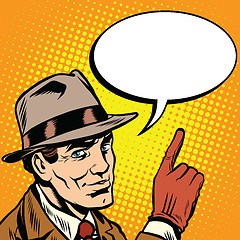 Image showing Male spy points a finger, retro background