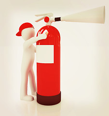 Image showing 3d man with red fire extinguisher . 3D illustration. Vintage sty