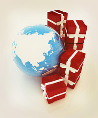 Image showing Traditional Christmas gifts and earth. Global holiday concept . 