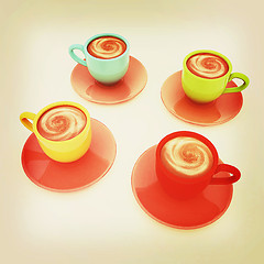 Image showing Coffee cups on saucer. 3D illustration. Vintage style.