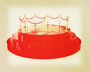 Image showing 3D glossy podium with gold handrail . 3D illustration. Vintage s