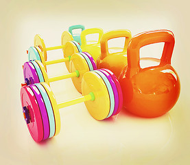 Image showing Colorful weights and dumbbells . 3D illustration. Vintage style.
