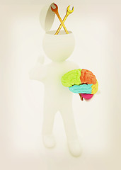 Image showing 3d people - man with half head, brain and trumb up. Service conc