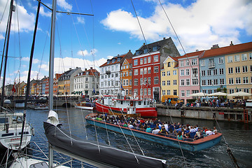 Image showing COPENHAGEN, DENMARK - AUGUST 15, 2016: Boats in the docks Nyhavn