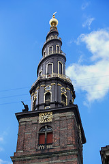 Image showing View of the Vor Frelsers Kirke Tower in Copenhagen, Denmark 