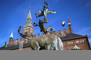 Image showing Dragon fountain and Radhus, Copenhagen city hall in Copenhagen  