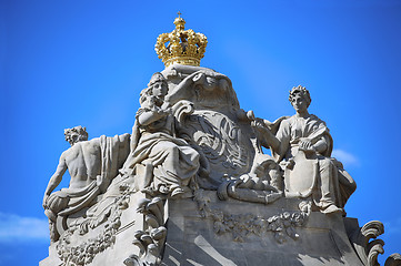 Image showing Statues on top marble bridge, Christiansborg palace gates in Cop