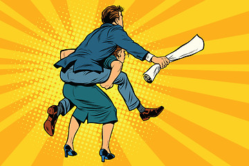 Image showing Business people back man riding on woman. Gender inequality