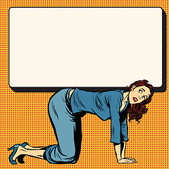 Image showing Woman on all fours holding a poster