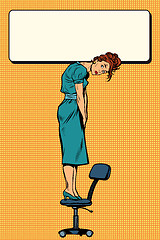 Image showing Businesswoman standing on a chair holding the sign