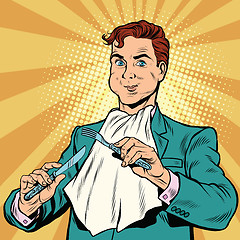 Image showing Retro man eats, in the hands holding a knife and fork