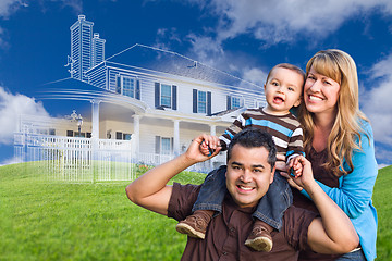 Image showing Mixed Race Family with Ghosted House Drawing Behind