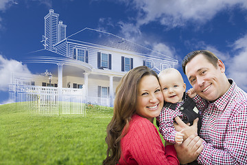 Image showing Happy Family with Ghosted House Drawing Behind