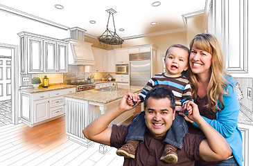 Image showing Young Mixed Race Family Over Kitchen Drawing with Photo Combinat