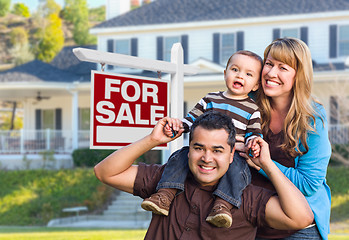 Image showing Young Family in Front of For Sale Sign and House