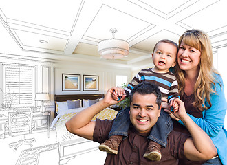 Image showing Mixed Race Family With Baby Over Bedroom Drawing and Photo
