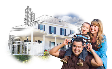 Image showing Mixed Race Family Over House Drawing and Photo on White