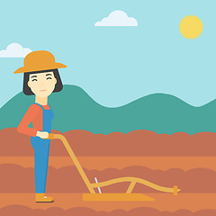 Image showing Farmer on the field with plough.