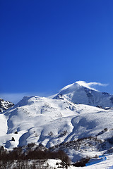 Image showing Mount Tetnuldi and off-piste slope with track from ski and snowb
