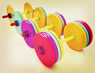 Image showing Colorful dumbbells . 3D illustration. Vintage style.