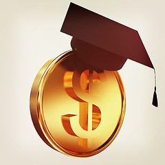 Image showing Graduation hat on gold dollar coin. 3D illustration. Vintage sty