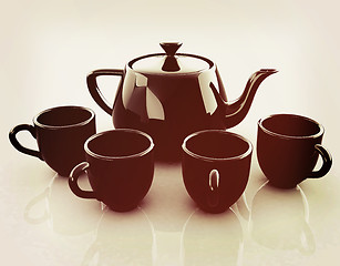 Image showing black teapot and cups. 3D illustration. Vintage style.