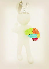 Image showing 3d people - man with half head, brain and trumb up. Service conc