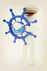 Image showing Sailor with steering wheel and earth. Trip around the world conc