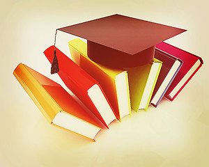 Image showing Colorful books and graduation hat . 3D illustration. Vintage sty