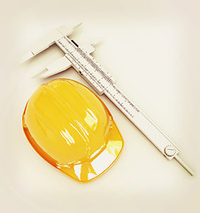Image showing Vernier caliper and yellow hard hat 3d . 3D illustration. Vintag