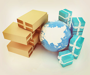 Image showing Cardboard boxes, gifts and earth . 3D illustration. Vintage styl