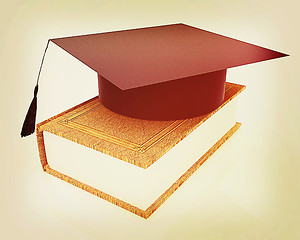 Image showing Graduation hat on a leather book. 3D illustration. Vintage style