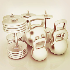 Image showing Metall weights and dumbbells . 3D illustration. Vintage style.