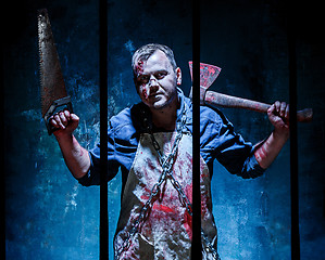 Image showing Bloody Halloween theme: crazy killer as butcher with an ax