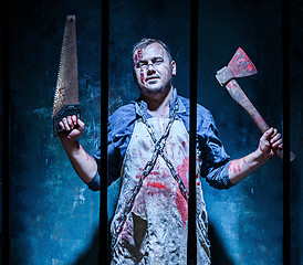 Image showing Bloody Halloween theme: crazy killer as butcher with an ax