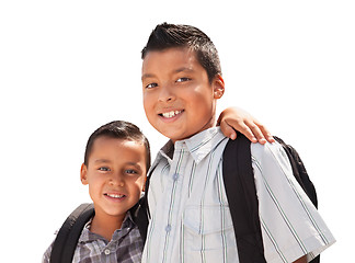 Image showing Young Hispanic Student Brothers Wearing Their Backpacks on White