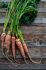 Image showing Bunch of orange carrots fresh with dirt on old rustic wood background