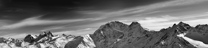 Image showing Black and white panorama of winter mountains