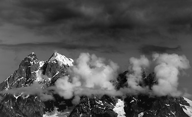 Image showing Black and white view on Mt. Ushba in clouds