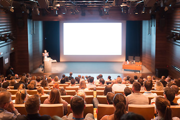 Image showing Business speaker giving a talk in conference hall.