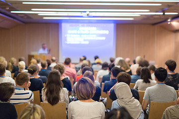 Image showing Business speaker giving a talk in conference hall.